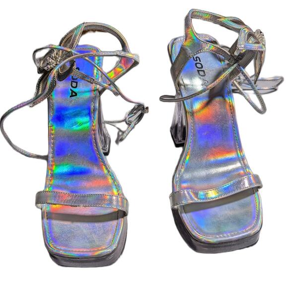 Vtg Y2K Soda Silver Holographic Flower Applique Chunky Clear Heel Sandals Sz 8.5 - Picture 2 of 8